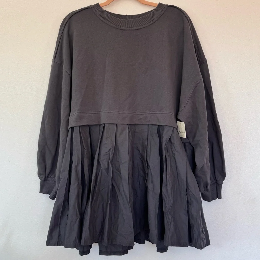 NWT Free People Eleonor Layered Oversized Boho Gray Sweatshirt Minidress - Picture 2 of 15